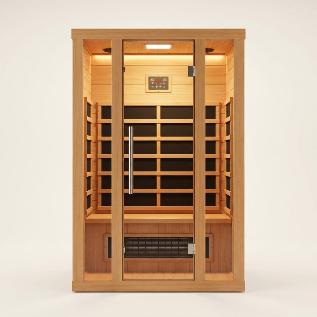 1 Person Extendable FAR Infrared Sauna for Home, Hemlock Wood Low EMF 6 Carbon Heaters Indoor Saunas with LED Lights, Bluetooth Speaker, Digital Control Panel, and Seating Bench — Studio Shot