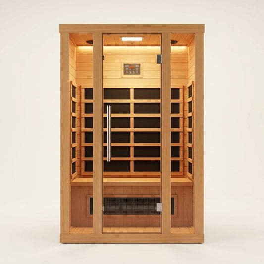 1 Person Extendable FAR Infrared Sauna for Home, Hemlock Wood Low EMF 6 Carbon Heaters Indoor Saunas with LED Lights, Bluetooth Speaker, Digital Control Panel, and Seating Bench — Studio Shot