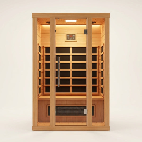 1 Person Extendable FAR Infrared Sauna for Home, Hemlock Wood Low EMF 6 Carbon Heaters Indoor Saunas with LED Lights, Bluetooth Speaker, Digital Control Panel, and Seating Bench — Studio Shot
