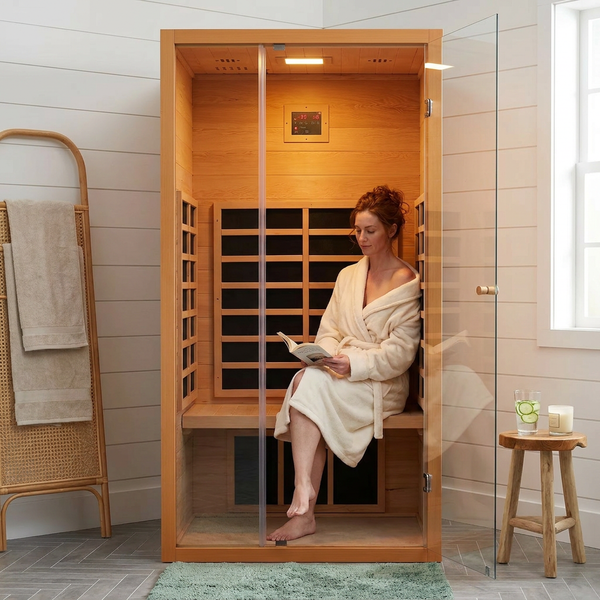 FAR Infrared Sauna Designed for Daily Recovery, Hemlock Wood, 6 Carbon Heaters, Low EMF, LED Lights