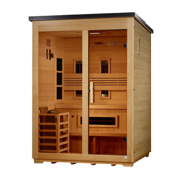 3 Person Hybrid Full Spectrum IR or Traditional Stove Flat Roof Outdoor Sauna, Golden Designs (GDI-8023-01)