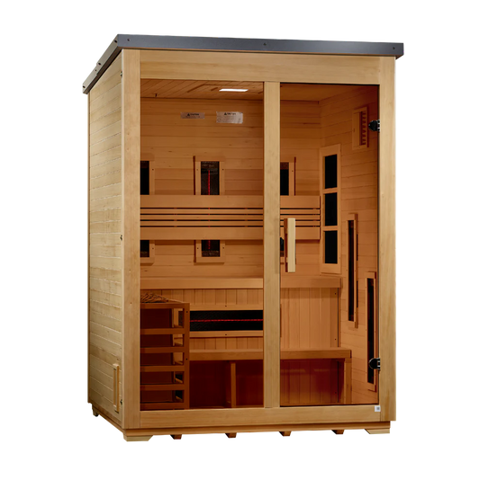 3 Person Hybrid Full Spectrum IR or Traditional Stove Flat Roof Outdoor Sauna, Golden Designs (GDI-8023-01)