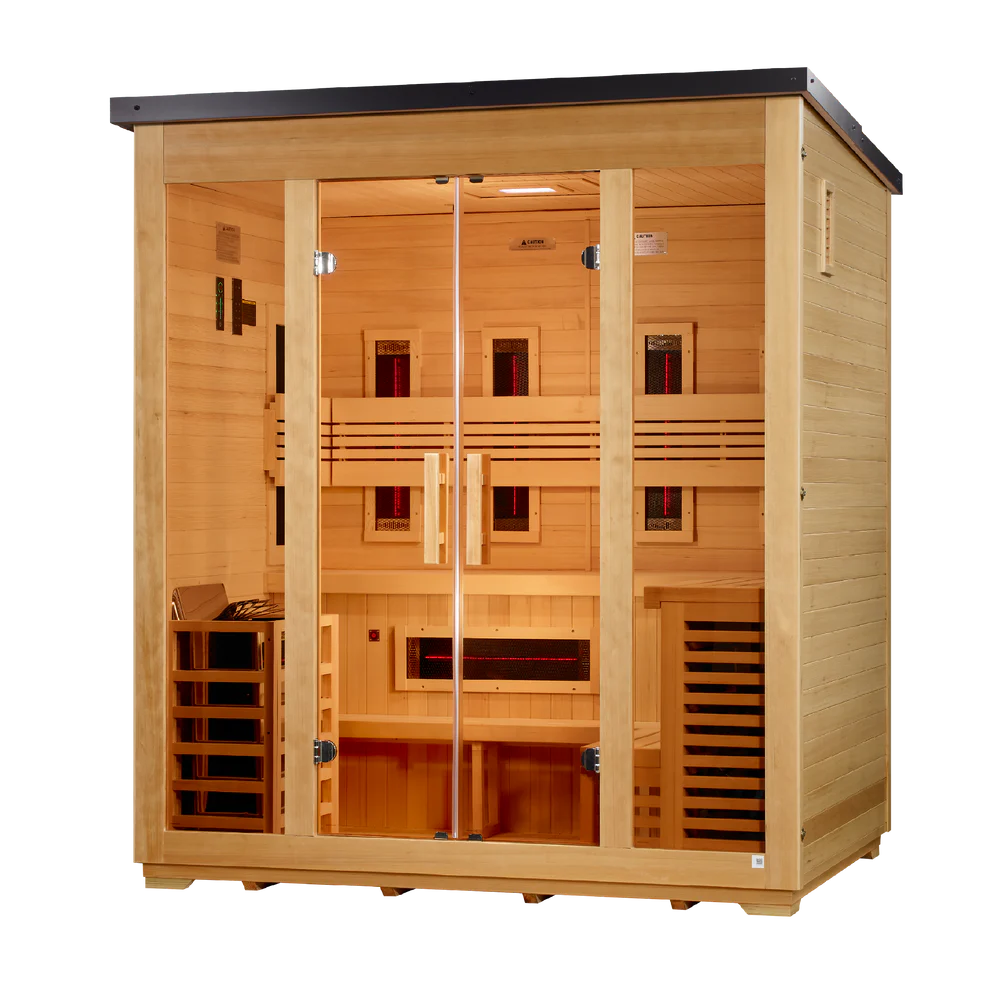 5 Person Hybrid Full Spectrum IR or Traditional Stove Flat Roof Outdoor Sauna