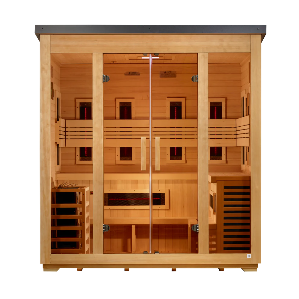 5 Person Hybrid Full Spectrum IR or Traditional Stove Flat Roof Outdoor Sauna